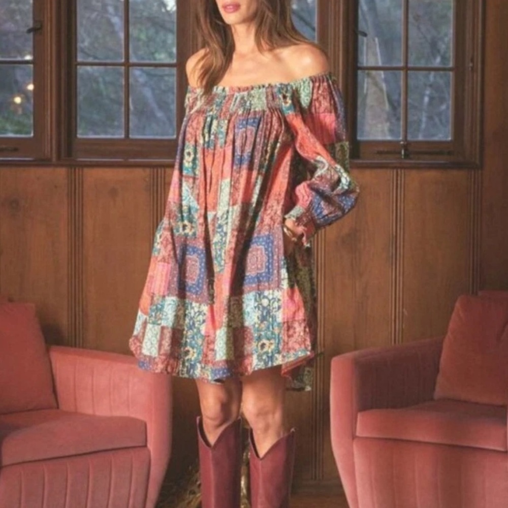 NWT Anthropologie The Odells Cynthia Patchwork Off Shoulder Mini Dress XS